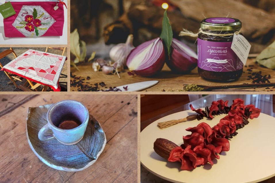 Produtos do Marketplace: Necessaire (Bordados livres); Tolaha Caco; Tempero Canela de Ema; Xícara para café (Cerâmica); Colar de mesa (Biojoia)