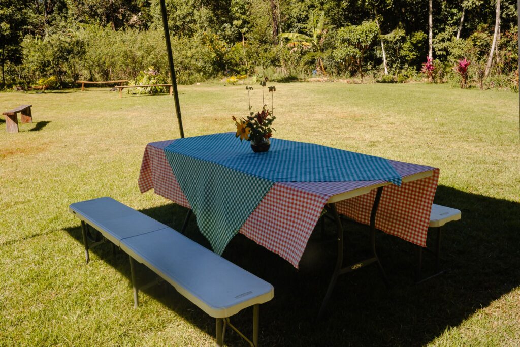 Mesa de piquenique de madeira com bancos e toalha quadriculada colorida no gramado da Ecovila Coração da Mata, pronta para refeições ao ar livre.