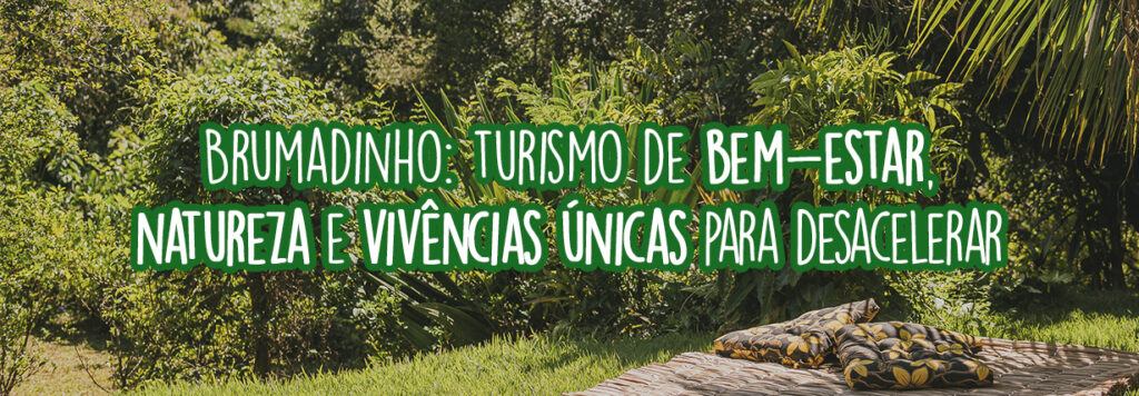 Esteira de madeira, com almofadas, forrada na grama, em uma paisagem com muitas plantas, simbolizando o turismo de bem-estar em Brumadinho, MG
