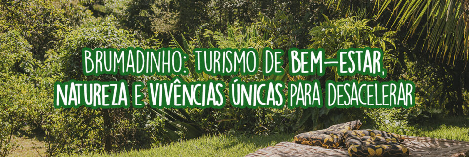 Esteira de madeira, com almofadas, forrada na grama, em uma paisagem com muitas plantas, simbolizando o turismo de bem-estar em Brumadinho, MG