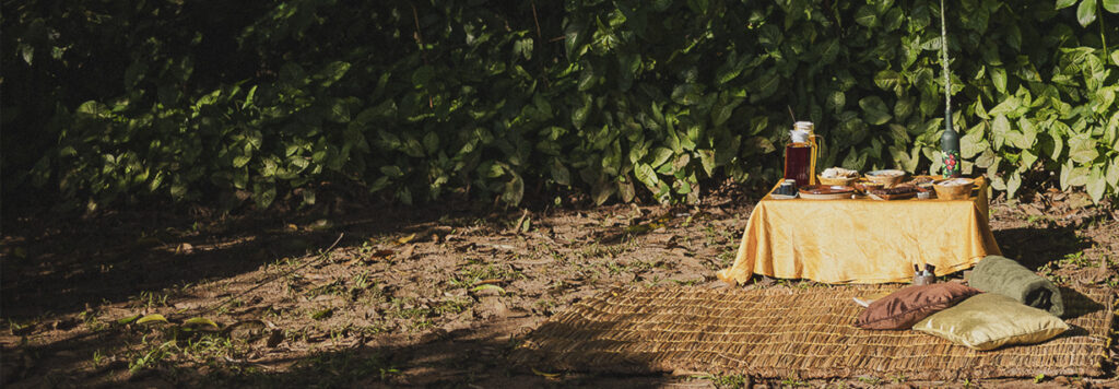 Mesa de café ao ar livre, com uma esteira no chão com almofadas e uma folhagem verde ao fundo. Samtoshala Brumadinho - Minas Gerais
